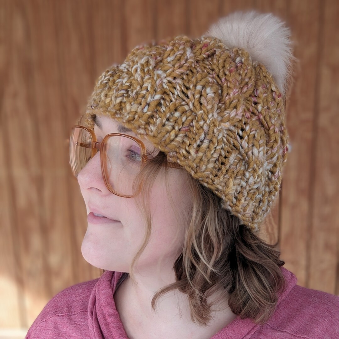 Chunky Cable Knit Pom Beanie in Variegated Mustard Yellow MakerPlace by Michaels